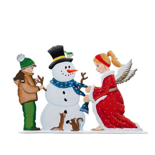 Angel with Snowman and Boy – standing pewter ornament