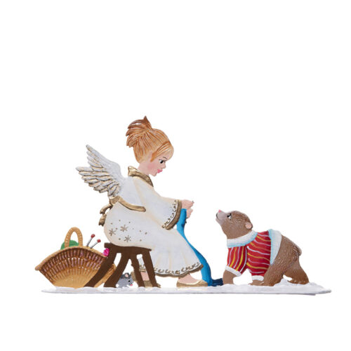 Angel knitting with Bear – standing pewter ornament