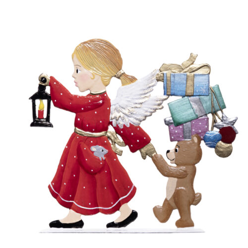 Engel mit Teddybär und Geschenken - stehende Zinnfigur
