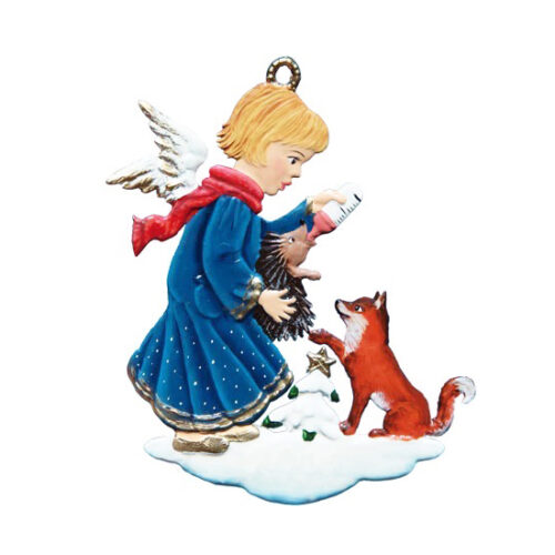 Angel feeding Animals - hanging Christmas Pewter Ornament