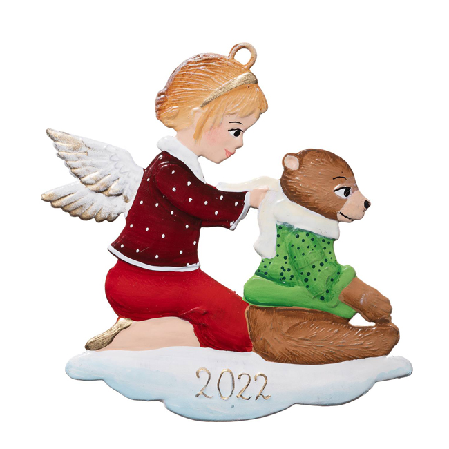 Angel with Bear - hanging Christmas Pewter Ornament
