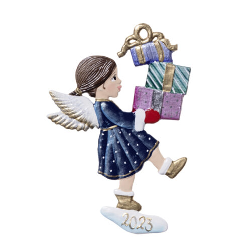 Angel with Gifts - hanging Christmas Pewter Ornament