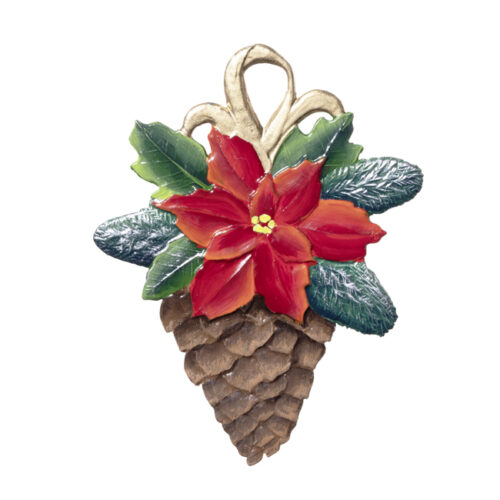 Pine Cone with Poinsettia - hanging Christmas Pewter Ornament