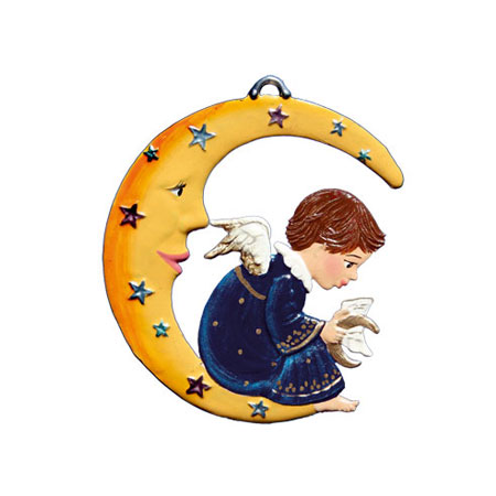 Angel in Moon - hanging Christmas Pewter Ornament