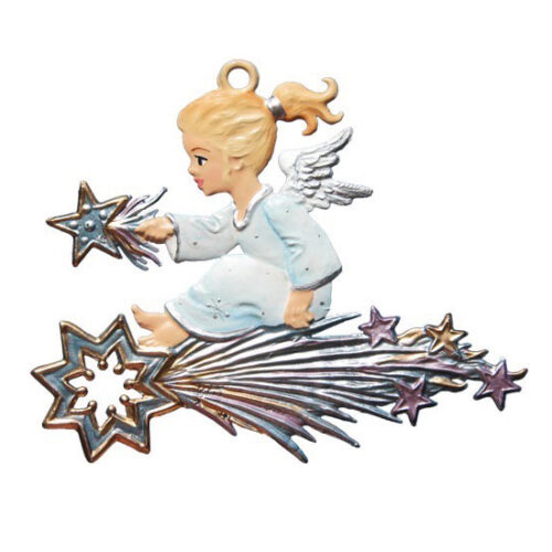 Angel riding Comet - hanging Christmas Pewter Ornament