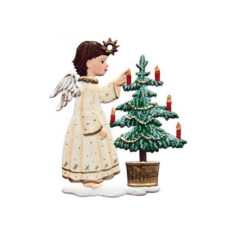 Angel decorating Tree - hanging Christmas Pewter Ornament