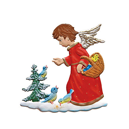 Angel feeding Birds - hanging Christmas Pewter Ornament