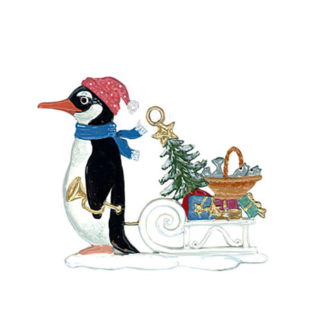 Penguin with Sled - hanging Christmas Pewter Ornament