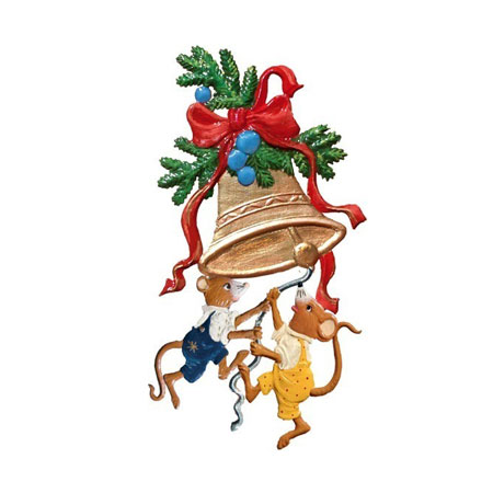 Mice on Christmas Bell - hanging Christmas Pewter Ornament
